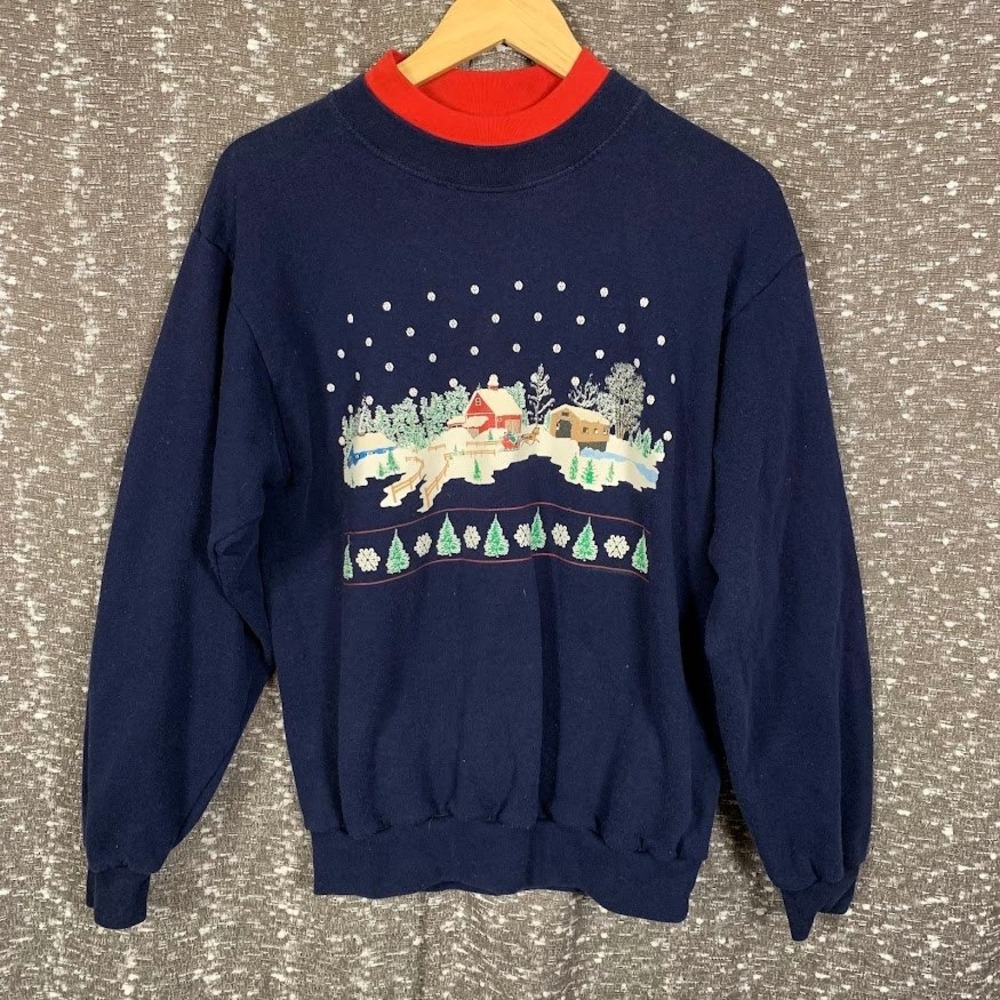 Vintage Santee Winter Village Scene Sweatshirt Mock Neck Holiday Medium